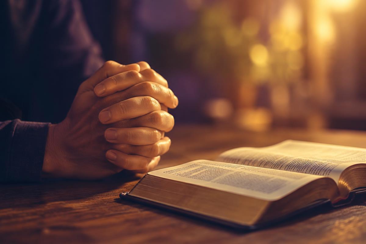 Clasped hands in prayer resting beside an open Bible