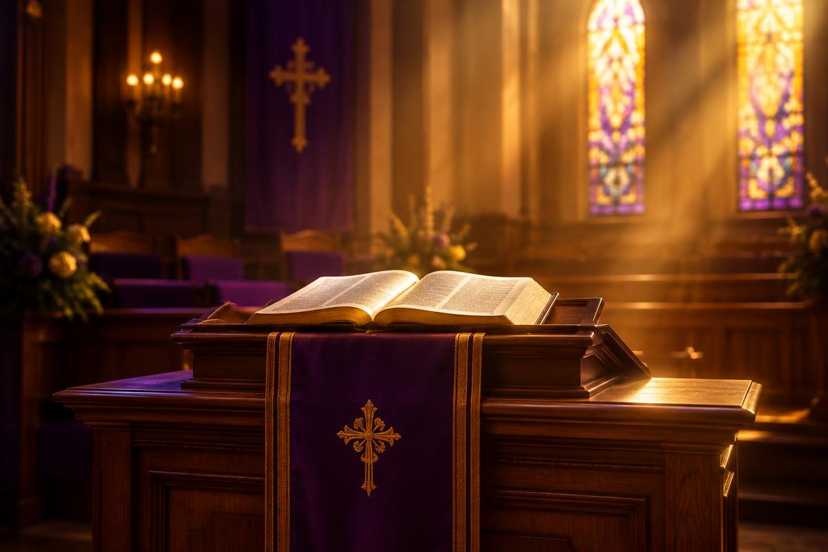 An open Bible on a wooden pulpit draped in purple and gold